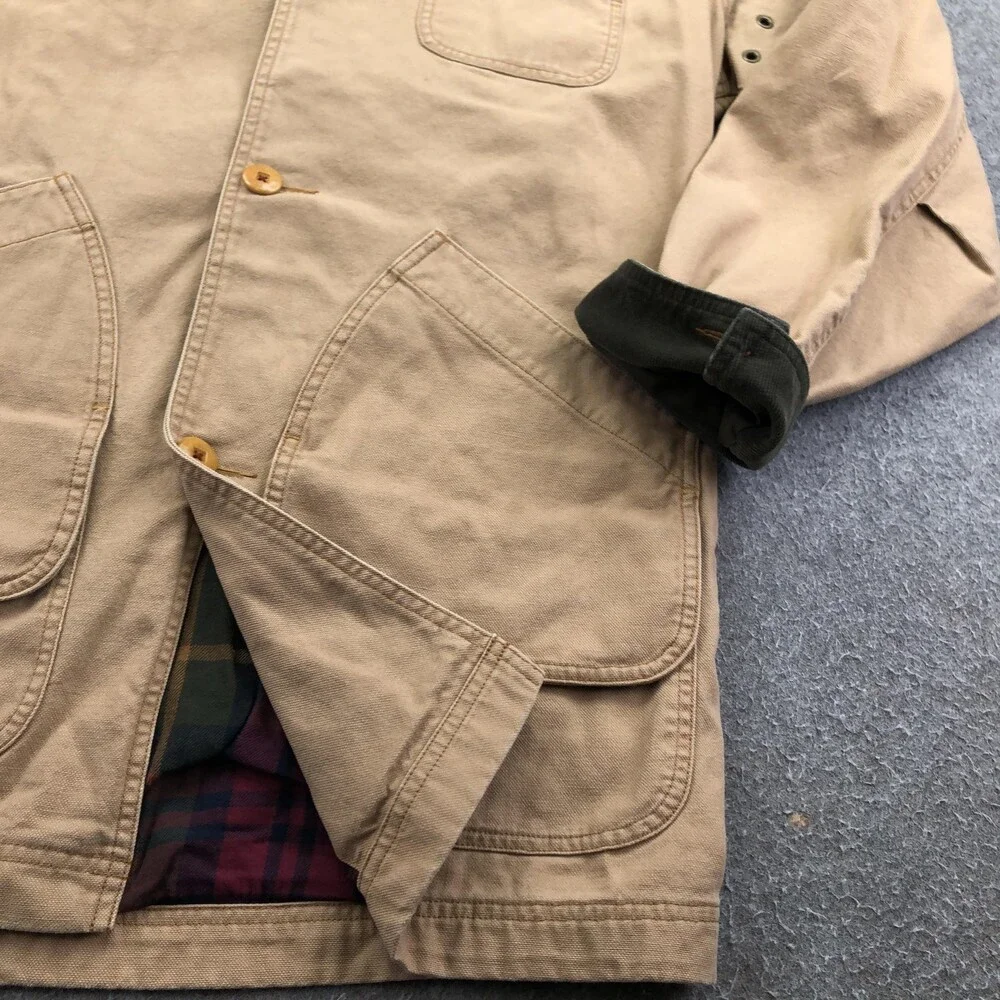 L.L. Bean Coat Mens Large Tall Beige Canvas Button Plaid Lined Outdoor Hiking
